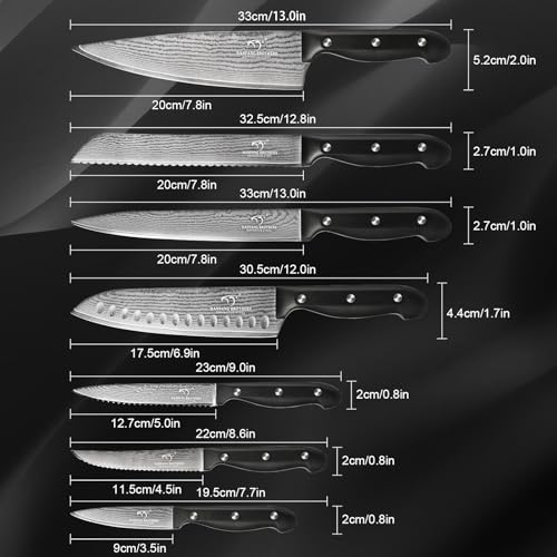 15 Piece Damascus Kitchen Knife Set with Compact Block (Black/Black / 15 Pieces)