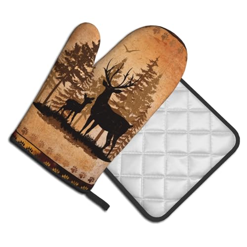 Forest Deer Oven Mitts and Pot Holder Kitchen Accessories Sets Wildlife Animal Heat Resistant Oven Gloves Hot Pads for Baking Cooking BBQ (Forest Deer)