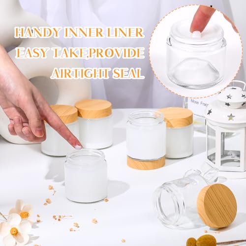 64 Pcs 4 oz Glass Jars with Lids Empty Small Glass Containers and Inner Liners Reusable Cosmetic Jars Round Airtight Bottles with Plastic Wood Grain Lids for Travel (64 Count)