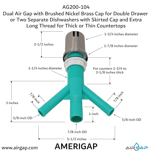 Dual Air Gap with Brushed Nickel Brass Cap for Double Drawer or Two Separate Dishwashers with Skirted Cap and Extra Long Thread for Thick or Thin Countertops (AG200-104)