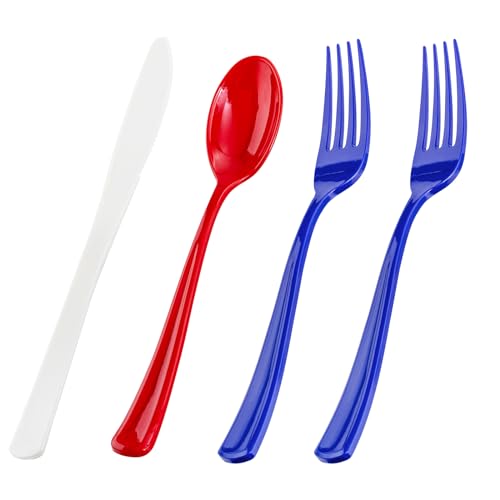 200Pcs 4th of July Red Blue Disposable Plastic Silverware (Blue White Red)