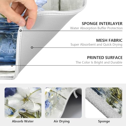 Vintage Blue White Flower Jars3 Dish Drying Mat for Kitchen Counter Absorbent Microfiber Small Drying Pad Dish mats for Kitchen Countertops 16 x 18 Inch (Vintage Flower Jars / 18" x 16")