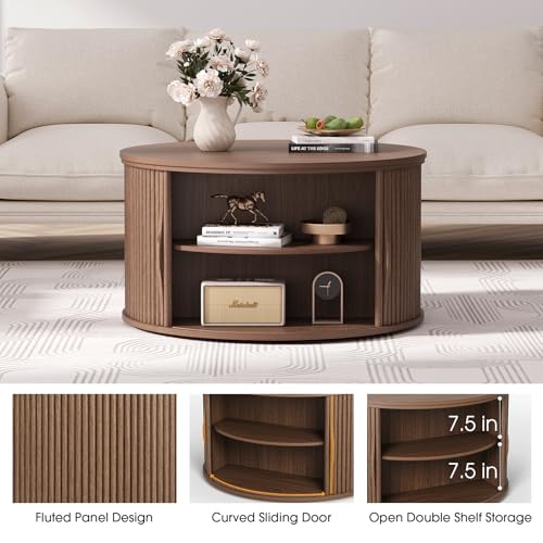 Round Lift Top Coffee Table with Storage (Rustic Walnut)