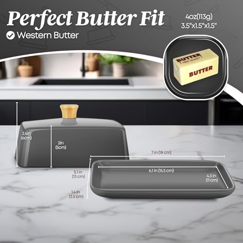 Large Ceramic Butter Dish with Lid for Countertop (Gray / Large)