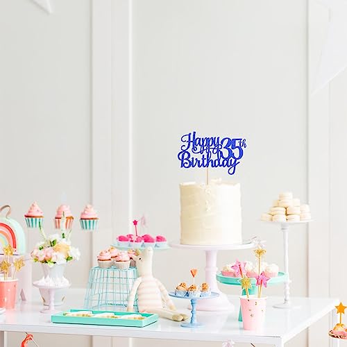 1 PCS Happy 35th Birthday Cake Topper Glitter Cheers to 35 Years Birthday Cake Pick Thirty Five 35 Fabulous Cake Decoration for Happy 35th Birthday Theme Party Decorations Supplies Blue (Blue / 35th)