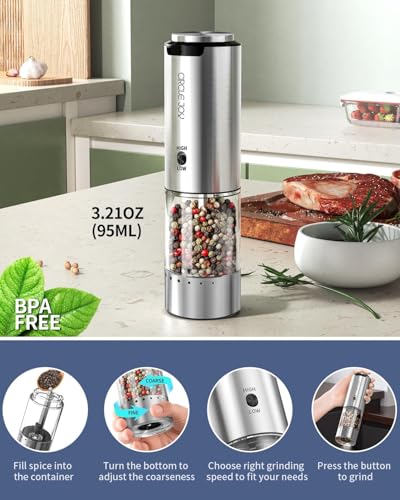 Electric Pepper Grinder Stainless Steel Rechargeable Pepper Mill with Variable Grinding Speed (2-Speed Rechargeable)