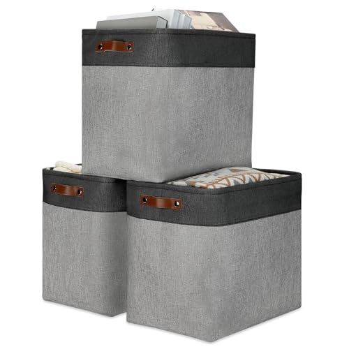 Grey Storage Baskets for Organizing 3 Pack Fabric Shelf Baskets for Gifts Empty Large Storage Organizer for Closet (Black&Grey / XXL-17"x12"x15")