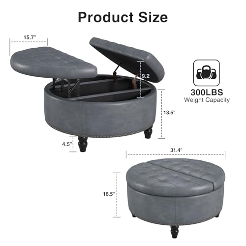 31.5 Inch Large Round Ottoman with Storage Circular (Grey)