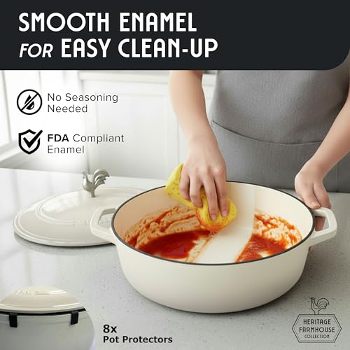 MUELLER HOME 5.5 Quart Enameled Cast Iron Oval Dutch Oven with Rooster Knob & Cotton Potholders (5.5 Quart -Oval / White)