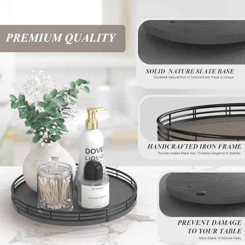 10 Inch Natural Slate Lazy Susan with Black Raised Iron Rim (Black & Black / 10 inches)