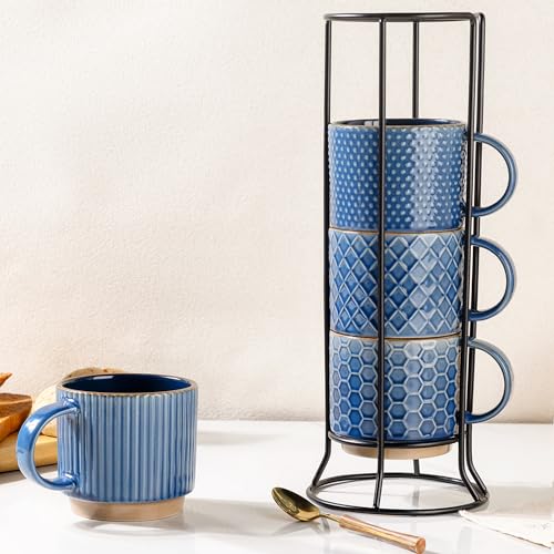 12 OZ Stackable Coffee Mugs Set of 4 (Moonlight Blue / 12oz (With Stand))