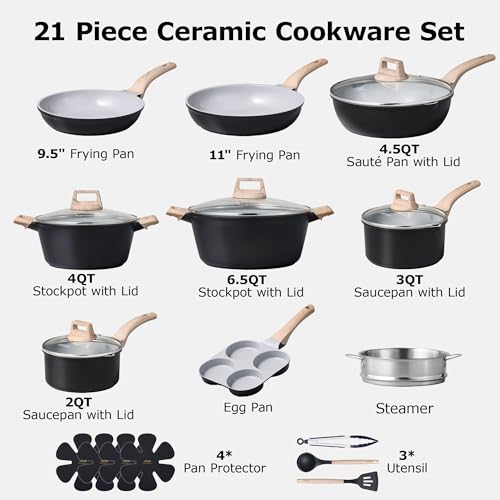 21pcs Ceramic Cookware Set (Grey Black / 21 Piece)