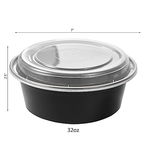 32 oz 150 ct Round Meal Prep Containers with Lids Plastic Food Storage Lunch Plan To Go Box Disposable Take Out Bowls Black BPA Free Reusable Durable Stackable Microwave Freezer Dishwasher Safe (32R-150)