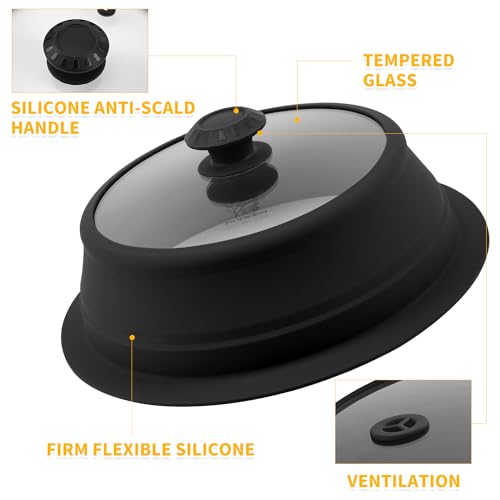 Collapsible Microwave Splatter Lid with Vented Tempered Glass Cover Wok Lid for Microwave Safe (10.5-11 inch / Black)