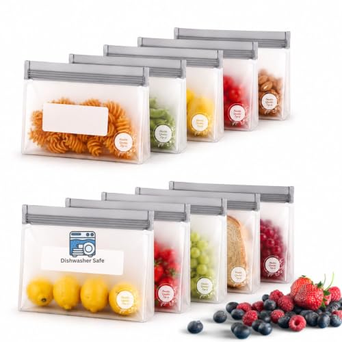 Reusable Food Storage Bags (10 Pack of 5 Large, 5 Medium Bags (Grey))