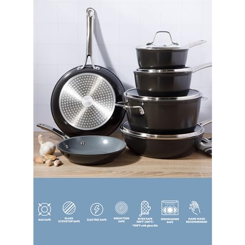 Kitchen Essentials Cool Commune Hard Anodized 10 Piece PFA Free Ceramic Non stick Interior Forged Durable Aluminum Pots and Pans Cookware Set (10-Piece Cookware Set (Hard Anodized Aluminum) / Black (Hard Anodized Aluminum))