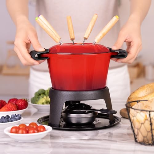 Cast Iron Fondue Pot Set Red Enameled 1.6 Qt for Cheese