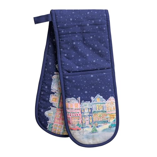 Double Oven Mitts 100% Cotton Double Oven Glove (123 - Christmas Market - Blue / 7" x 35" (Double Oven Mitt))