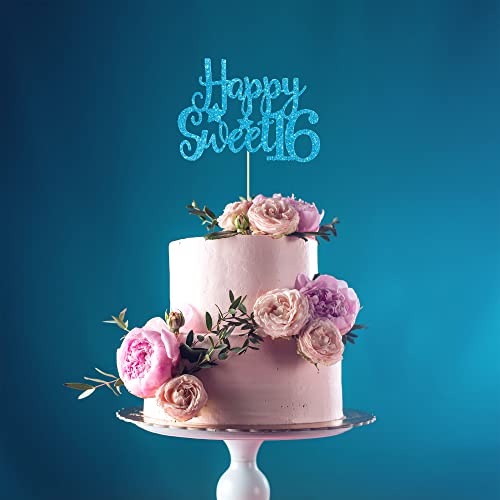 1Pc Happy Sweet 16 Cake Topper Glitter 16th Birthday Cake Pick for Cheers to 16 Years Old 16th Birthday Party Cake Decorations Supplies Light Blue