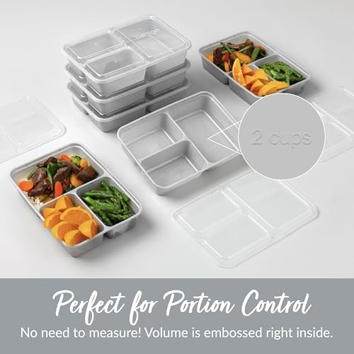 Prep 3 Compartment Meal Prep Containers with Lids (Silver)