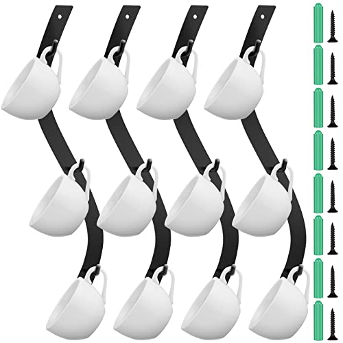 4 Pack Coffee Mug Wall Rack Mounted with 12 Hooks S Curve Metal Coffee Cup Rack Wall Hanging Holder for Bar Kitchen Corner Station Decor Display (4 Count)