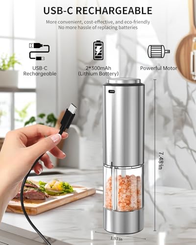 Electric Pepper Grinder Stainless Steel Rechargeable Pepper Mill with External Adjustable Coarseness (Rechargeable)