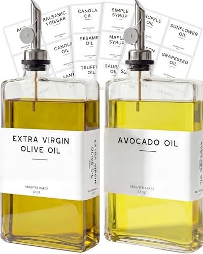 Glass Olive Oil Dispenser Bottle for Kitchen by Brighter Barns (Clear/Silver)