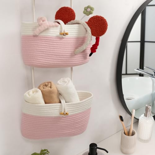 Over The Door Hanging Baskets with Button Strap (Pink+White / 3 tier+Button)