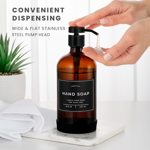 Hand and Dish Soap Dispenser for Kitchen and Bathroom (Amber Bottle / Black Pump)