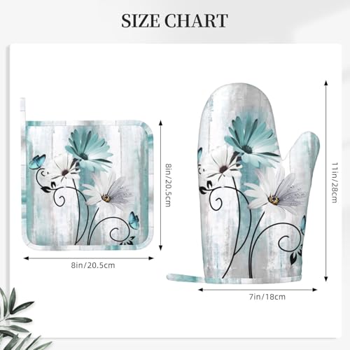 Teal Daisy Oven Mitts Pot Holders Set Silicone Heat Resistant Farm Teal Daisy Floral Flowers and Butterfly Oven Mitts and Hot Pads Potholders Non (Teal)