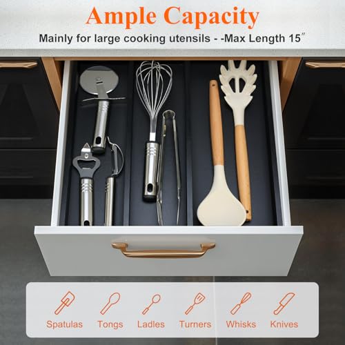 Expandable Black Bamboo Kitchen Utensils Drawer Organizer Silverware Tray ((8"-12.6")x 15.7" / Black)