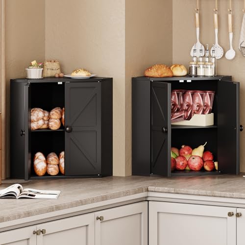 Corner Bread Box for Kitchen Counter Double Layer Bamboo Bread Storage Container Large Capacity Bread Storage Bin Farmhouse Breadbox Organizer (Black)