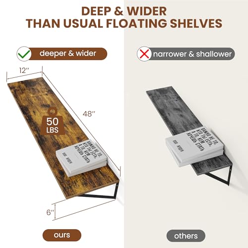 48W x 12D Deep Floating Shelves Set of 2 Rustic Brown (Rustic Brown With Black Metal Bracket / 48wx12dx5.8h)