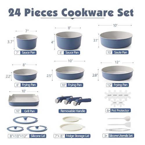 24 Piece Ceramic Detachable Handle Pots and Pans Set Navy (Navy / 24 Piece)