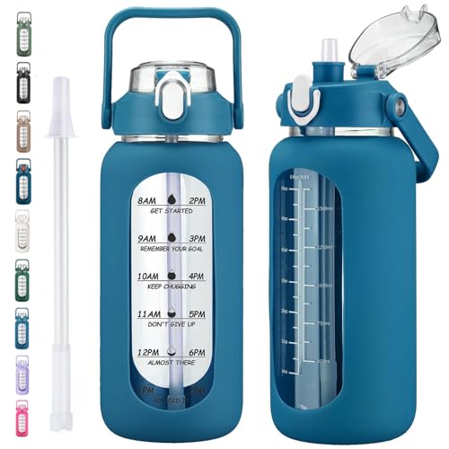 64oz Glass Water Bottles with Straw (Iron Blue / 64 Ounces)