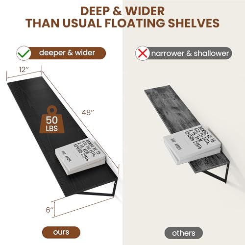 48W x 12D Deep Floating Shelves Set of 2 Black (Black With Black Metal Bracket / 48wx12dx5.8h)