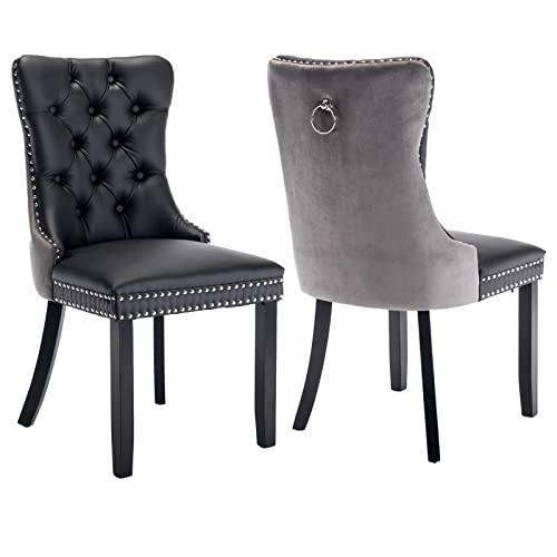 Grey Velvet and Black PU Upholstered Dining Chairs Set of 2 (Black 3)