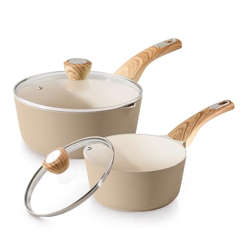 2.0 & 3.0 Quart Ceramic Sauce Pan Sets with Lid (Ceramic Taupe / 2.0 + 3.0 Quarts)