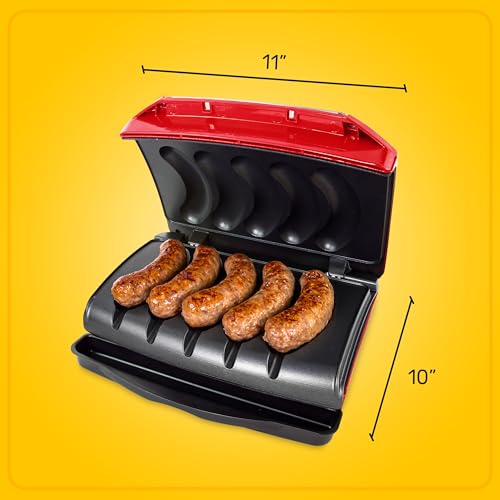 Game Day Sausage and Brat 5 Link Electric Grill with Oil Drip Tray (Red)