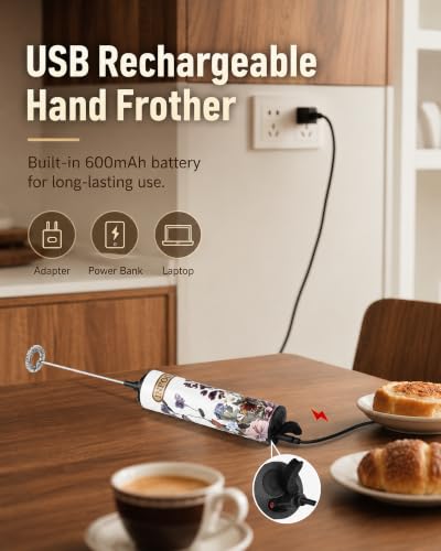 Rechargeable Milk Frother with Cover (White Floral Design)