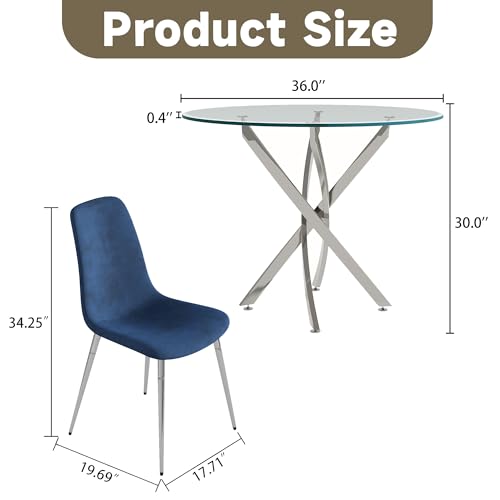 36" Round Glass Dining Table Set for 4 (Silver Round Table/Blue Velvet Chairs / 5 Pieces)
