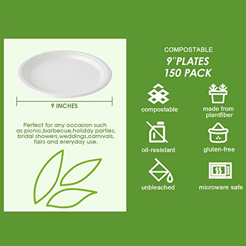 150 Pack Paper Plates 9 inch 100% Compostable (9 in White 150)