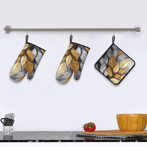 Gold Silver Tropical Leaves Oven Mitts and Pot Holders Sets of 3 (3 Count)