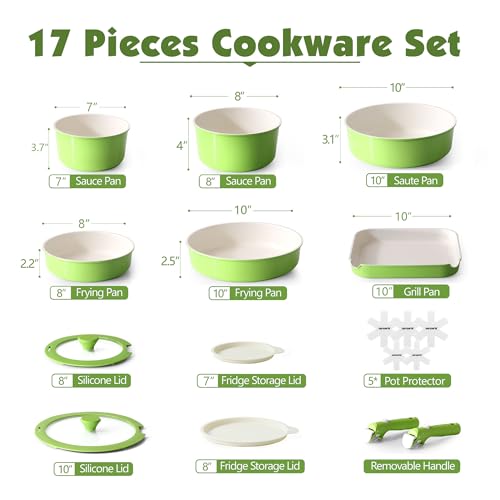 17 Piece Ceramic Detachable Handle Pots and Pans Set Green (Green / 17 Piece)