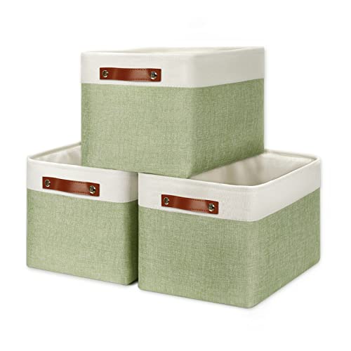 Fabric Storage Bins for Laundry (White&Green / L-15"x11"x9.5")
