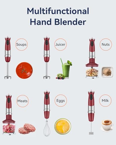 Immersion Blender Handheld 1000W 5 in 1 Corded Stick Hand Blender Kitchen with 12 Speed (Red)