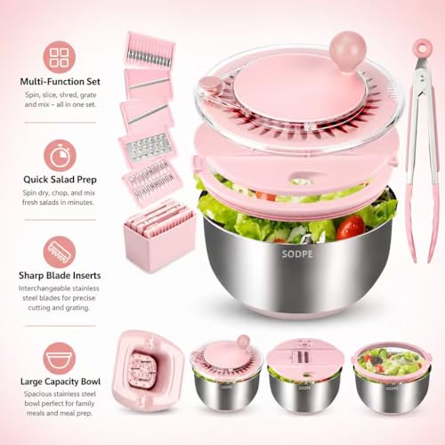 Stainless Steel Salad Spinner Large with 5 Blades Slicer (Pink-accessory)