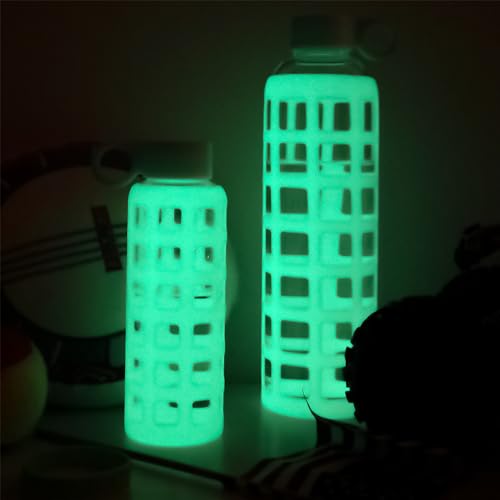40oz / 32oz / 22oz / 12oz Borosilicate Glass Water Bottle with Time & Volume Markers, Silicone Sleeve, Stainless Steel Lid | Reusable Glass Bottle for Water & Juice (22oz Glow-in-the-Dark) (Glow-in-the-Dark (1 Count) / 22 Ounces)