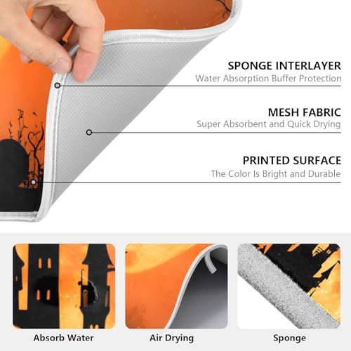 Halloween Witch Bat Castle Pumpkin Dish Drying Mat for Kitchen Counter Absorbent Microfiber Small Drying Pad Dish Mats for Kitchen Countertops 16 x 18 Inch (18" x 16")