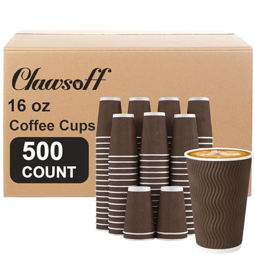500 Pack 16oz Insulated Disposable Paper Coffee Cups Brown (Brown-500 / 16 oz)